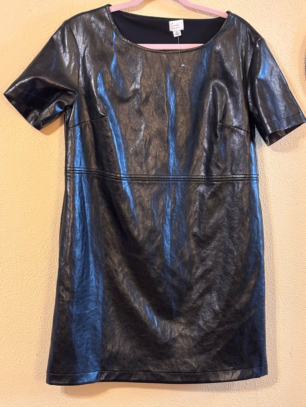 A New Day Black Faux Leather Short-Sleeve Shift Dress Size S NWOT